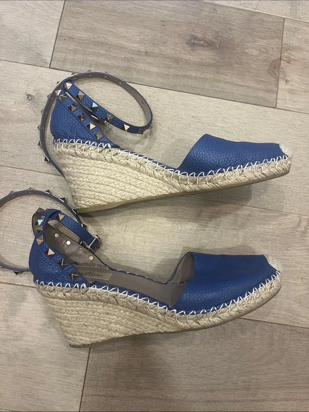 Valentino Blue Leather Studded Ankle-Strap Espadrilles with box and dust bag